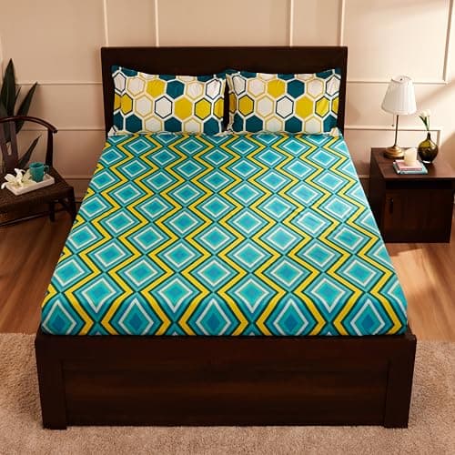 Amazon Brand - Solimo Tranquil Dreams 144 TC 100% Cotton Double Bedsheet with 2 Pillow Covers, Blue, Abstract 3