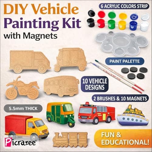PICRAZEE DIY Wooden Vehicle Painting Kit for Kids | 10 Pine MDF Vehicle Cutouts (5.5 mm Thick) with Acrylic Colors, Brushes, Palette & Magnets | Art & Craft Creative Activity Toy 2