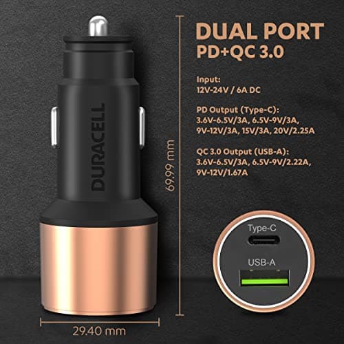 Duracell 65W Fast Car Charger Adapter with Dual Output. Quick Charge, Type C PD 45W & Qualcomm Certified 3.0 20W, Compatible for iPhone, All Smartphones, Tablets & More (Copper & Black) 3