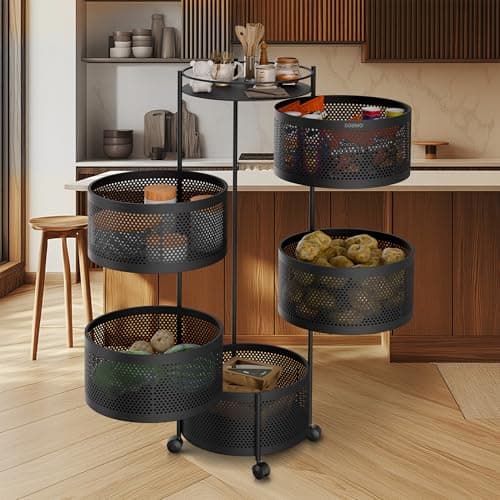 Amazon Brand - Solimo 360° Revolving Preassembled Portable 5 Layer Round Multipurpose Storage Kitchen Rack Carbon Steel Fruit Vegetable & Spice Trolley with Wheels for Kitchen Organizer(Matte, Black) 5