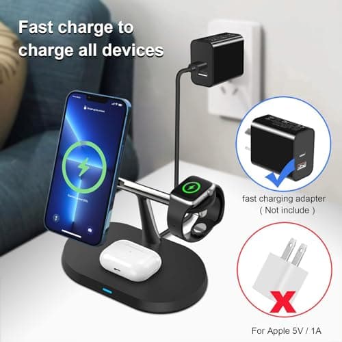 US1984 3 in 1 Magnetic MagSafe Compatible Wireless Charger for iPhone 15 to 12 Series, Compatible with Apple Watch, Typ-C 22.5W Fast Wireless Charging Station for All Wireless Compatible (Black) 2