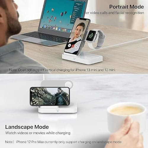 3 in 1 Wireless Charging Station with 2 USB Ports, Magnetic MagSafe Wireless Charger for iPhone 17/16/15/14, Apple Watch & AirPods, Fast Charging Station, QI Certified 15W max Wireless Charger Stand 4