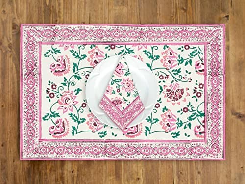 BLOCKS OF INDIA Hand Block Printed Cotton Table Runner, Mat and Napkin Set for Center/Dining Table (Pink Jaal), Large 2