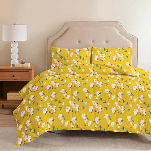 VAS COLLECTIONS 220 GSM Reversible Microfiber AC Comforter/Duvets for Mild Winter | All Season Single Size 3 Layered Quilted Blanket for Single Bed (230 cm x 150 cm, Floral, Yellow) 3
