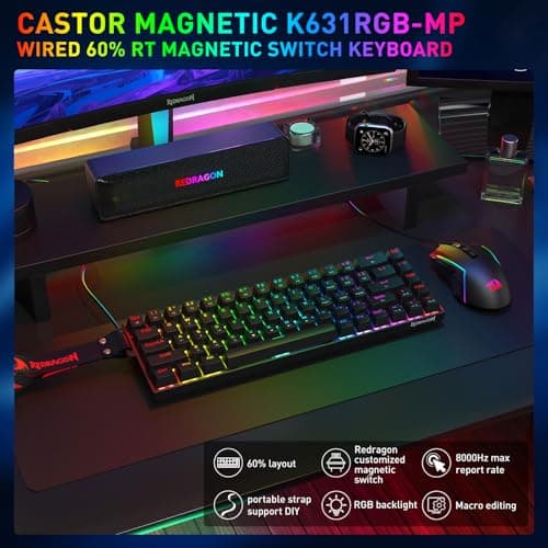 Redragon K631 HE Rapid Trigger RGB Gaming Keyboard, 68 Keys Wired Mechanical Keyboard w/Hyper-Fast Actuation, Hall Effect 8K Polling Magnetic Switch, Actuation Point Adjustable, Strap Version 2