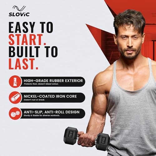 Slovic Dumbbell Set 10 KG (5 KG x 2) | Hexa Dumbbells Set for Home Workout | 5 KG Dumbbells Pair for Exercise | Gym Equipment for Home Workout | Anti Skid Rubber Dumbbell Black 2