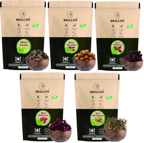 BRALCON Natural Raw Reetha, Amla, Shikakai, Bhringraj, Hibiscus Combo - 500g (100g x 5 Pack) | 100% Natural Whole Dried Shikakai, Reetha Nuts, Amla | Hair Growth | Hair & Skin Care | Pure Raw Form