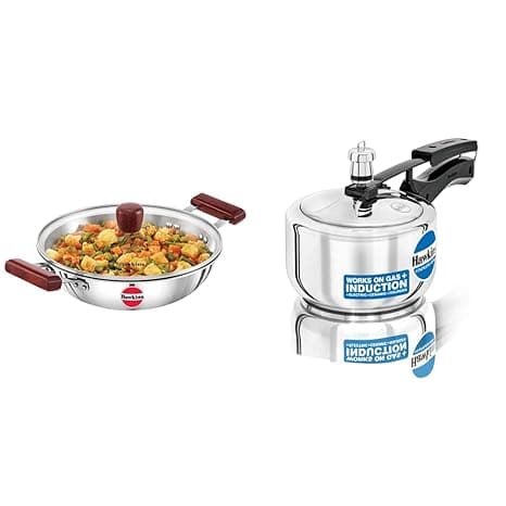 Hawkins Tri-Ply Stainless Steel Induction Compatible Deep-Fry Pan with Glass Lid, 2.5 Litre& 1.5 Litre Pressure Cooker, Stainless Steel Cooker, Induction Cooker, Small Cooker