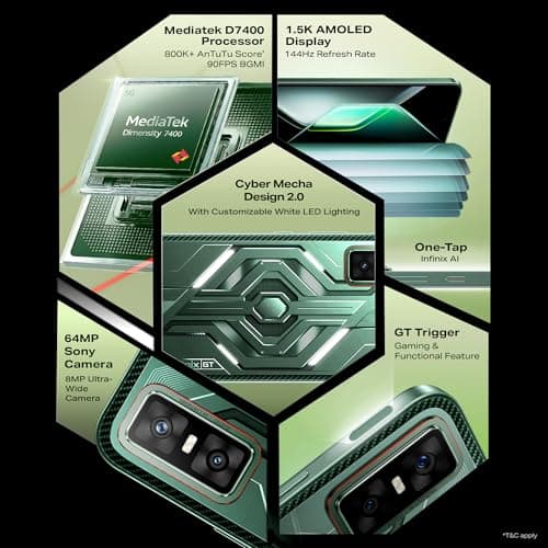 Infinix GT 30 5G+ (Pulse Green, 8GB RAM, 128GB Storage) | Cyber Mecha Deisgn with LED Lights | 90FPS on BGMI | 1.5K 144Hz AMOLED Display | Segment's 1st Gaming Triggers | 64MP Sony Camera | Infinix AI 5