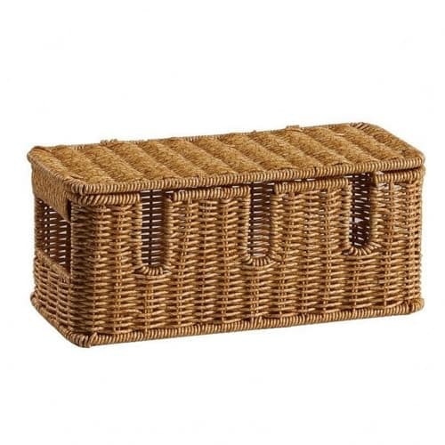 SNAPPSY Basket-Like Rattan-Style Cable Box Desktop Lidded Cable Box Natural Brown Power Strip Cover Decorative, S Five Side Opening