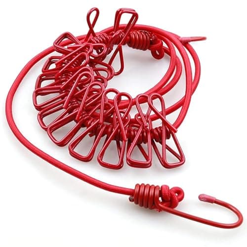 UPRONEX21 Portable Cloth Drying Rope with 12 Built-in Clothespins, Windproof Travel, Elastic Retractable Drying Rope with Hooks for Camping, Hiking, Hotel, Backyard, and Indoor Use (Pack of 1)