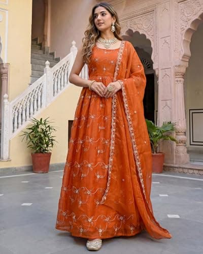 Women's Rust Orange Organza Anarkali Kurta Set with Dupatta – Embroidered Flared Long Dress Gown with Strappy Back and Sheer Scarf for Weddings, Festivals, and Ethnic Wear (XL) 4