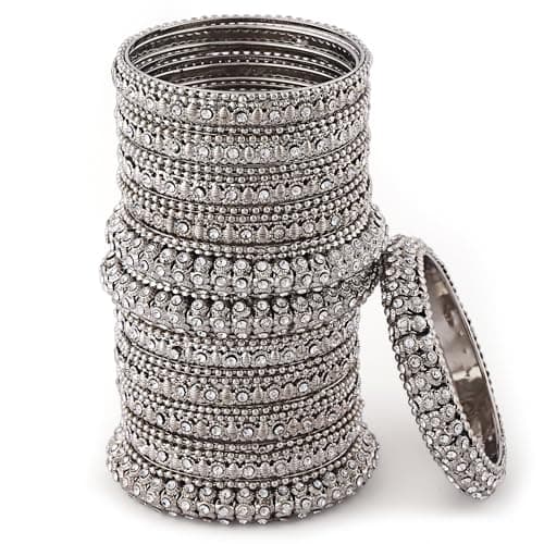 Shining Diva Fashion Latest Antique Silver Plated Set of 28 Stylish Traditional Bangle for Women (14834b_2.4_Double)