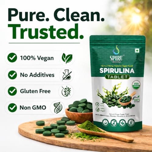 SPIRU SWASTHA Pure Spirulina Tablets (500mg) | 100% Organic Origin Superfood for Immunity, Energy & Hair Growth | High Protein Vegan Supplement | 200 Tablets (100g Pouch) 4