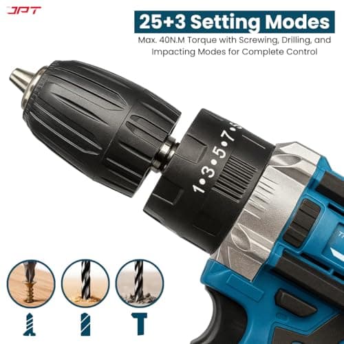 JPT 21V Heavy-Duty Impact Cordless Drill Machine | Max. 90N.M Torque | Max. 0-2000RPM Speed | 10MM Keyless Chuck | 25+3 Gears Setting | 2.0Ah Li-Ion Battery | 24Pcs Drill Accessories 2