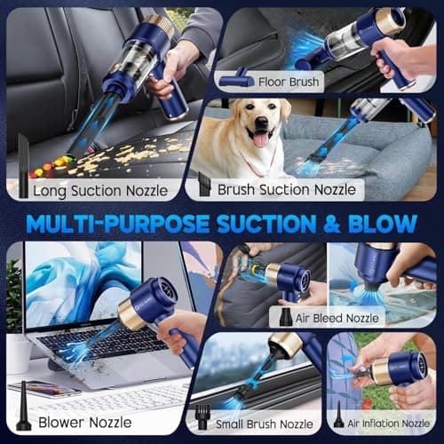 Eliane Handheld Car Vacuum Cleaner 16000PA, Cordless Portable 2-in-1 Air Duster and Vacuum with LED Light- 120W High Power Mini Vacuum, Multi-Nozzle Cleaner for Car, Home, Pet Hair & Office (Blue) 4