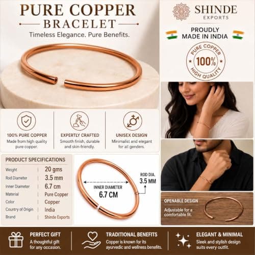 SHINDE EXPORTS Pure Copper Bracelet for Men & Women | Handmade Copper Kada | Adjustable Open Cuff Bangle | 3.5 mm Copper Rod | 6.7 cm Inner Diameter | Lightweight 20 g Copper Wrist Bracelet | Made in  3