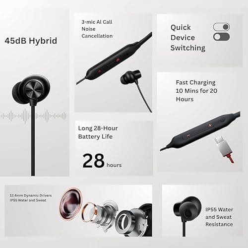 for OnePlus Bullets Wireless Z3 in-Ear Neckband with 12.4mm Drivers, 3D Spatial Audio,10 mins Charge for 27 hrs Playback, AI Call Noise Cancellation, 4 EQ preset (Black & Yellow) 5