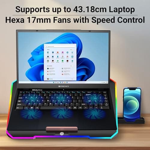 ZEBRONICS NC6500D Laptop Cooling Pad with Support up to 17 inch (43.18 cm) Laptops, Hexa Fans, Speed Control, RGB LED, Detachable Mobile Holder, 5 Step Retractable Stand, Built in USB Ports (Black) 5