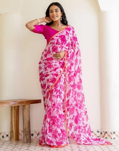 SIRIL Women's Chiffon Floral Printed Saree with Unstitched Blouse Piece (4473S236_White & Pink) 2