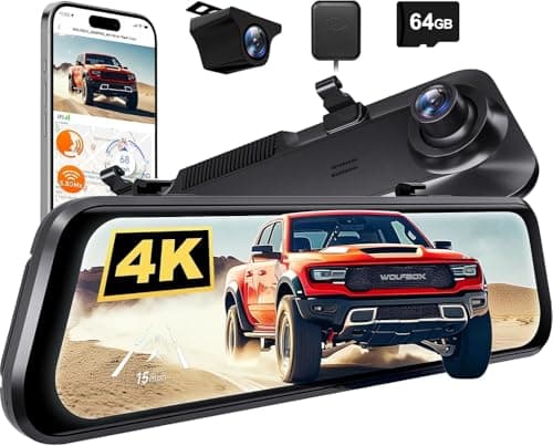 WOLFBOX G850 PRO 4K Rear View Mirror Dash Cam for Car Front and Rear with GPS, ADAS, BSD, 12" Touchscreen, 5.8GHz WiFi, Voice Control, G-Sensor, Loop Recording, 64GB Card Included 4