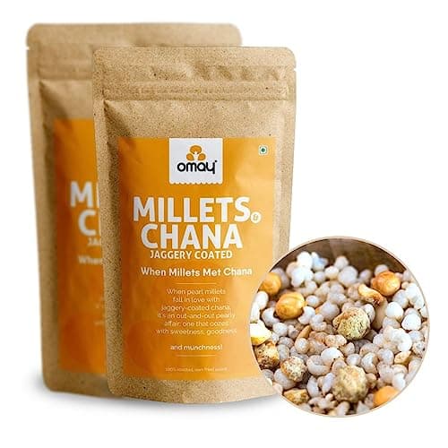 Omay Foods Millets and Jaggery Coated Chana, 200g Pouch (Pack of 2) | Bajra Millet Snack | Gur Chana | Oil Free | No Added Sugar | Gluten Free | Healthy Trail Mix Snack for Weight Loss