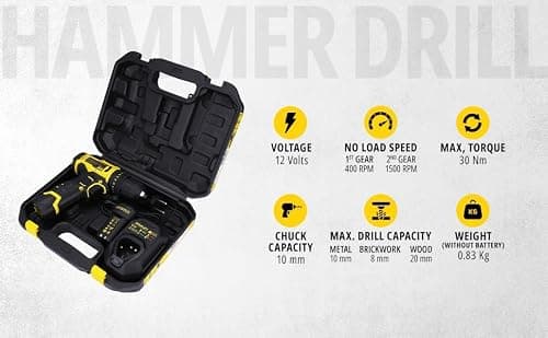 STANLEY SCH10D2K-IN(12 V)Brushed Cordless Hammer Drill Driver,2x2Ah Batteries&1.5A Charger,LED Light,Variable Speed Trigger Switch,Forward/Reverse Button,10mm Chuck,Clutch Setting 20+1,1 Year Warranty 2