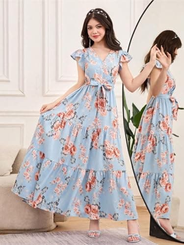 SKYCARRY Girls Cotton Floral Maxi V Neck Flutter Sleeve Tiered Skirt for Kids Blue Dress for Girl 12-13 Years and Ages 5 to 14 Years Birthday Outfit Stylish Frock 4