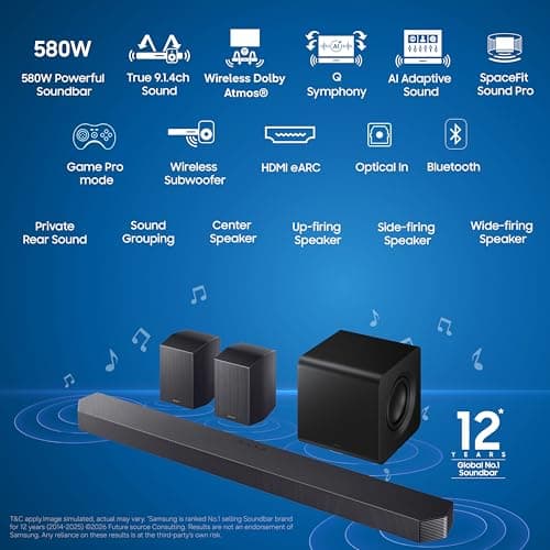 Samsung 580 W True 9.1.4 ch Full Surround Soundbar with Wireless Dolby Atmos | Center-Up-Side-Front Wide-firing Speakers | Alexa | Wi-Fi | HDMI eARC | Optical In | Bluetooth (HW-Q930H/XL, Titan Black) 2