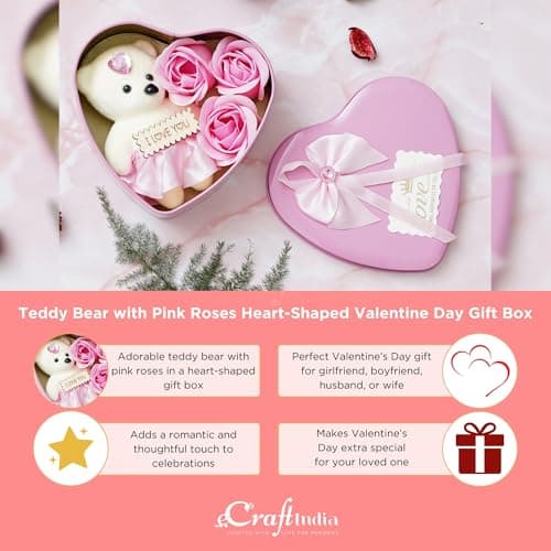 eCraftIndia Valentine Gift for Girlfriend Boyfriend | I Love You Teddy Bear Pink Roses Heart Shaped Gift Box | Valentine Day Gift for Husband Wife Her Him | Valentine Day Decoration Items 5