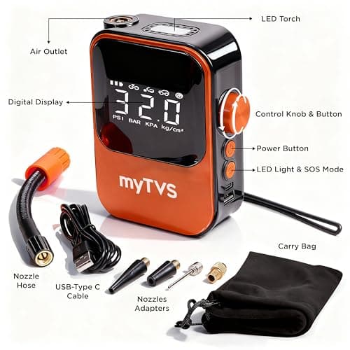 myTVS Air Go Cordless Tyre Inflator 150 PSI Digital Air Compressor, Auto Stop, Rechargeable 4000mAh Battery with Type C Port, LED Light & Power Bank, Portable Wireless Air Pump for Car & Bike | WT-1 2