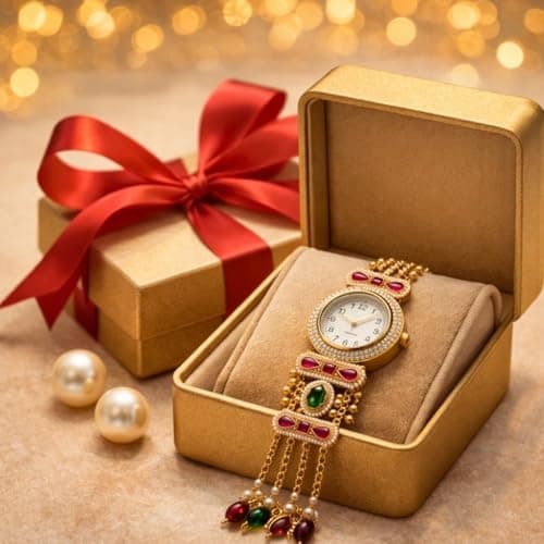 qimlo Gold Plated Bracelet Watch for Women & Girls | Adjustable Chain Jewellery with Analog Dial | Crystal Studded Stylish Ethnic Design 4