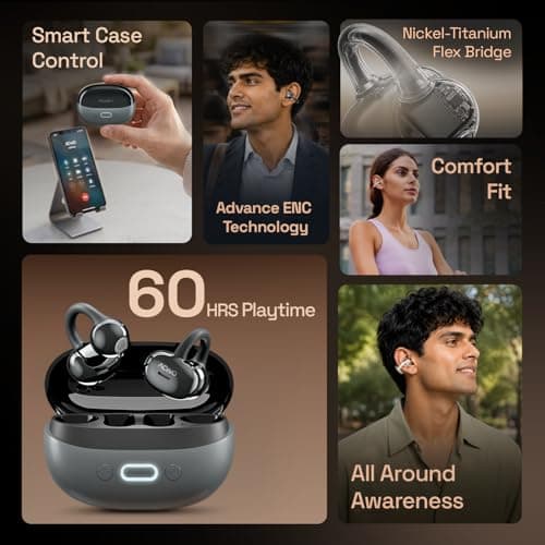 ACwO DwOTS Flow 2 Open-Ear OWS Earbuds with Smart Case Control, Clip-On Design with Ear Hooks, AI-ENC Mic, Up to 60 Hours Playtime, Dual Connectivity, IPX5 Sweat Resistance, Wireless Earbuds (Grey) 2