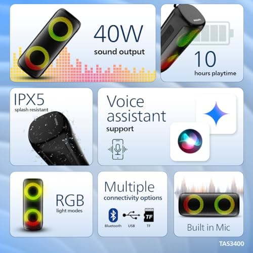 Philips TAS3400BK Portable Bluetooth Speaker with 40W Output, 4000mAh Battery, Stereo Sound, Bluetooth v5.3, IPX5 Sweatproof, RGB Light Modes, Mesh Build, AUX/TF/USB Support w/Hanging Strap (Black) 2