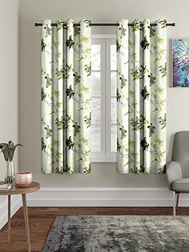 Home Sizzler 2 Pieces 3D Flower Eyelet Polyester Window Curtains - 5 Feet, Green | Semi-Sheer