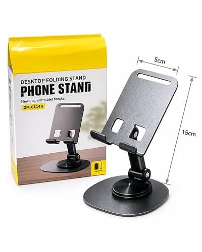 Universal Smartphone Desktop Phone Stand, 360 Degree Rotation, Adjustable and Foldable, Black, Freestanding Metal Mobile Holder 2