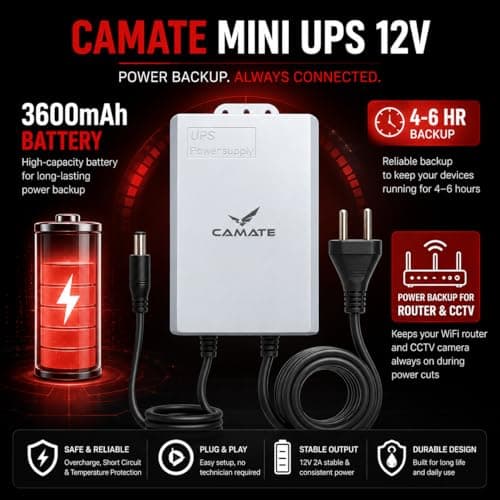 Camate Mini UPS 12V Power Backup for WiFi Router & CCTV Camera | 3600mAh Battery, 4-6 Hr Backup | Weatherproof Outdoor Use | 12V 2A Output | Plug & Play | Safety Protection 5