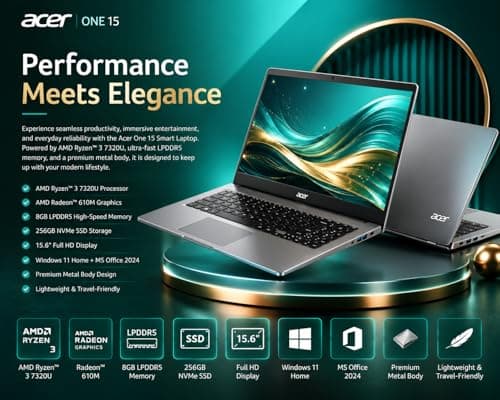 Acer One 15 Smart Laptop AO15-41M-G2 | AMD Ryzen 3 7320U | AMD Radeon 610M Graphics | 8GB LPDDR5 RAM | 256GB NVMe SSD | 15.6" FHD Display | Windows 11 Home + MS Office | Silver 2