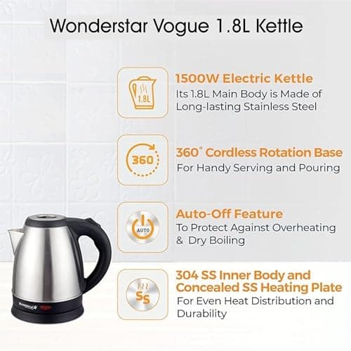wonder star Electric Kettle, 1.8 Litre, Stainless Steel, Cordless Design, Black Handle 3