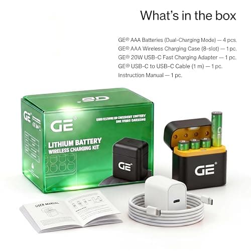 GE® AAA Rechargeable Batteries (Lithium 1.5V - 600 mWh) - New Launch in 2026 | Fast Charge Mode (Direct USB‑C + Wireless) | Pack of 4 Batteries | 10 Years of Life and 1,500+ recharges 2