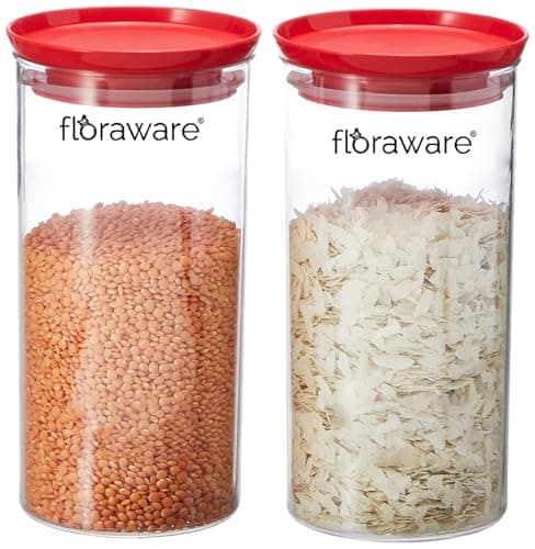 Floraware Plastic Air Tight BPA Free Stackable Round Push Multipurpose Containers For Kitchen Organizer 1400ml for Rice Dal Flour Snacks Cereals Pack of 2 (Red)