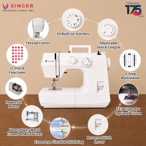 SINGER 1410 Automatic Zig Zag Sewing Machine Electric | Tailoring Machine for Stitching | 10 Built-In Stitches & 22 Stitch Functions | Free Arm | Metal Frame | 60W Motor | Free Demo | 2 Year Warranty 2