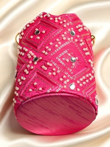 ATHZ potli Rani color || Mirror Work damru shaped || white beads embellishment potli bag for women || Wedding | Party | Anniversary || return gifting 3