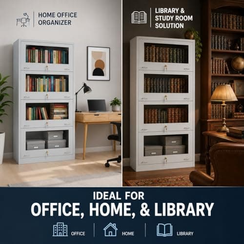 Amazon Brand - Solimo Steel Bookrack, 4 Door Bookshelf with Glass Doors for Home & Office, Metal Book Cabinet for Library, Study Room & Staff Room, Powder Coated (Light Grey) 5