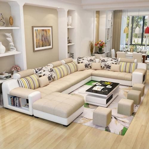 Torque - Callister 12 Seater Interchangeable Sofa for Living Room (Left Side, Beige & White) | Large U Shape Fabric Sofa Couch with 4 Puffy & Storage | 1 Years Warranty