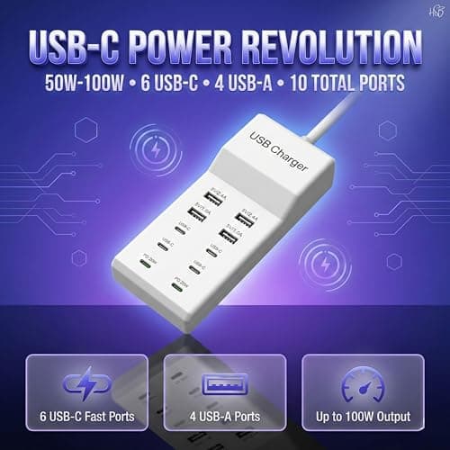 USB-C Charger Hub 50W–100W – 10-Port Desktop Charging Station with 6 USB-C & 4 USB Ports, High-Power Electric Charging Dock for Phones, Tablets & Batteries 2