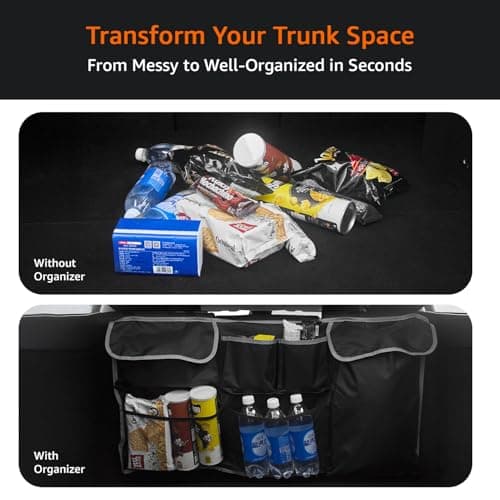 Amazon Basics Car Hanging Trunk Organizer – 6 Compartments, Durable 600D Oxford, Adjustable Straps, Foldable Boot Storage Bag, Black 4