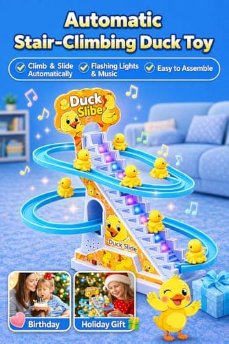 TEC TAVAKKAL Duck Slide Toy Set, Funny Automatic Stair-Climbing Ducklings Cartoon Race Track Set Duck Roller Coaster Escalator Toy with Flashing Lights & Music (Duck Slide Track Set) 5