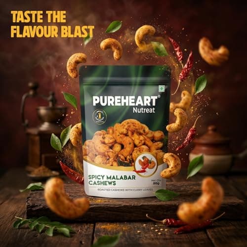 Pureheart Spicy Malabar Cashews 80g | Roasted Masala Kaju with Curry Leaves | Premium Crunchy Flavored Cashew Nuts | Healthy Snack, Protein Rich Dry Fruits | Spicy Roasted Nuts Pack 3