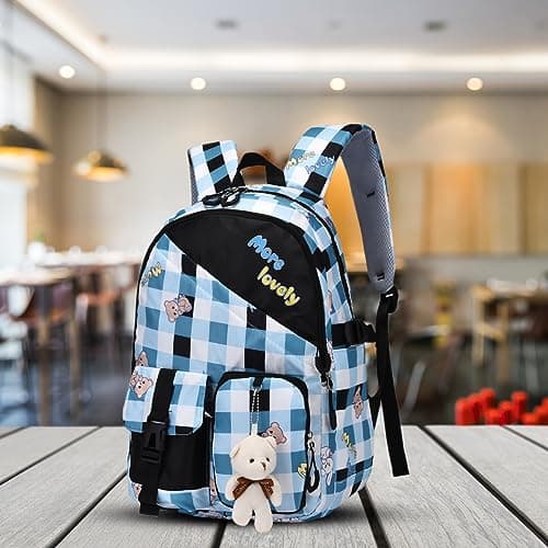 Tinytot 24 Litre Stylish & Trendy Water Resistant High Storage Backpack (Check Printed) School & College Travel Bag for Women & Girls With Cute Teddy Keychain, 18 Inch 5